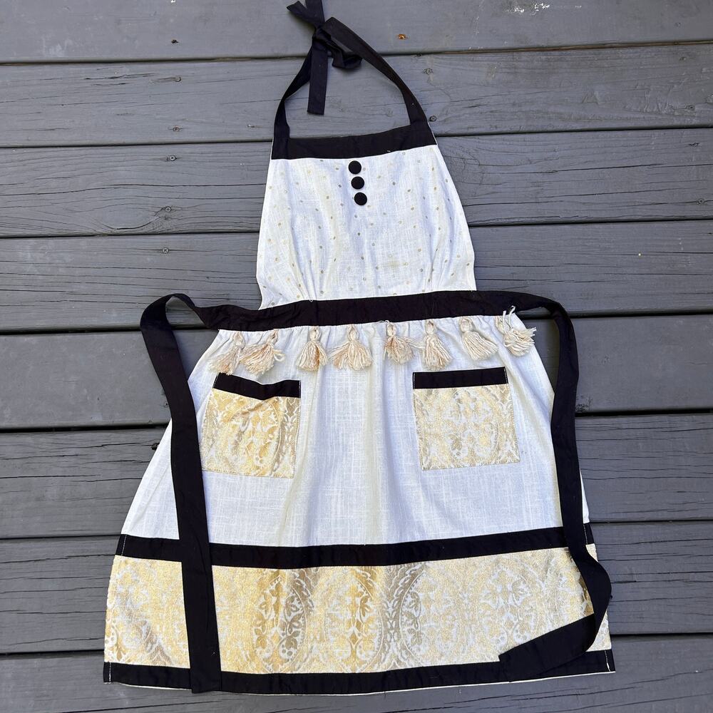 Max Studio Home Metallic Gold Ikat Tassel Apron Cotton Boho Glam New Flaws